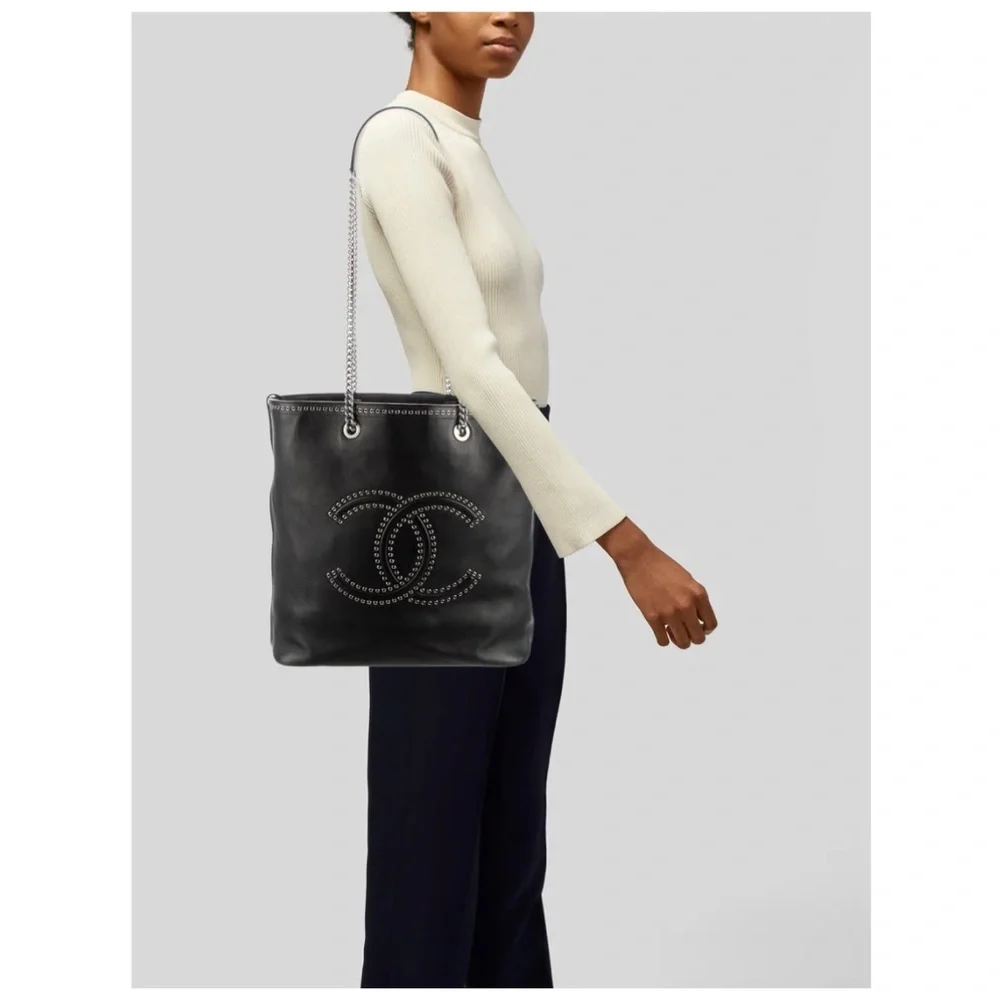 CHANEL COCO EYELET LARGE SHOPPING TOTE Black Calfskin Chain CC Bag Rare